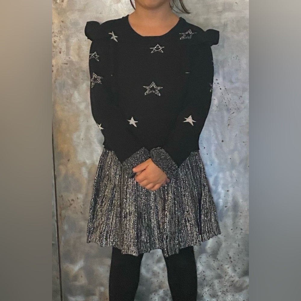 Design History Girls Black and Silver Knit Star Dress - Size 6 Years